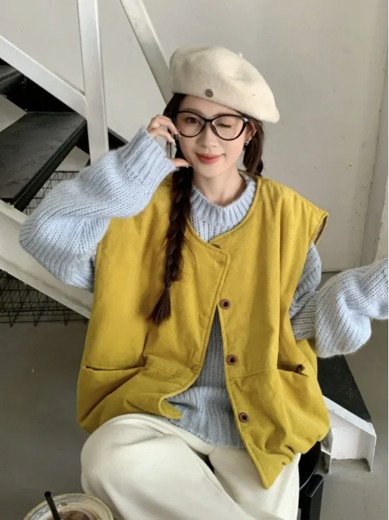 

Retro Japanese Yellow Corduroy Vest Outerwear Women's Loose oulder Pad Jaet Open Cardigan Sle Layering Autumn Winter