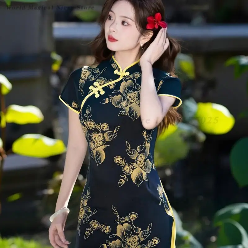 Oriental Maxi Dress for Women New Chinese Style Elegant Cheongsamluxury Printed Floral Long Modified Qipao Sexy Vestidos Dress