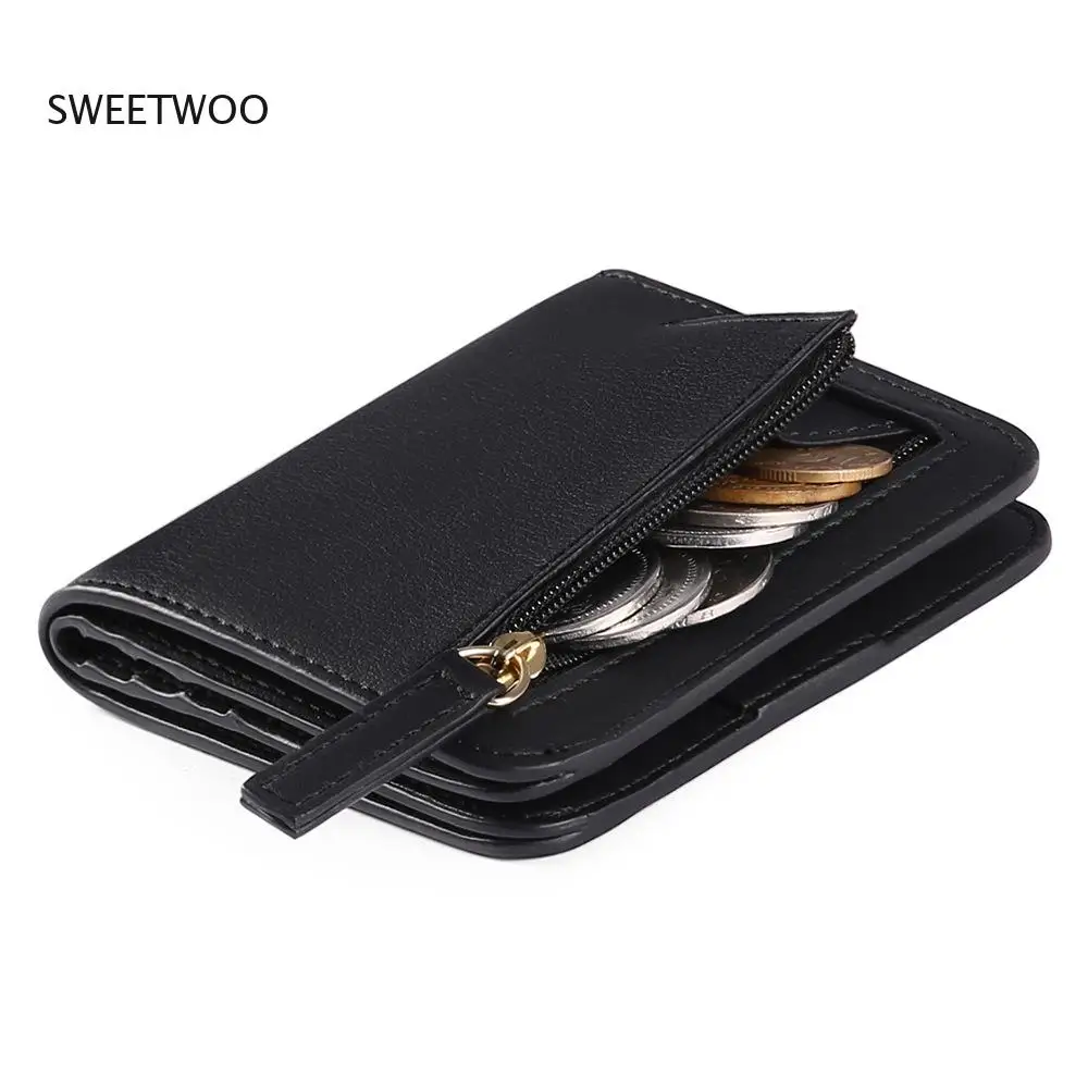 Sleek Minimalist Short Wallet, Zippered Coin Pocket Bi-Fold Faux Leather Purse