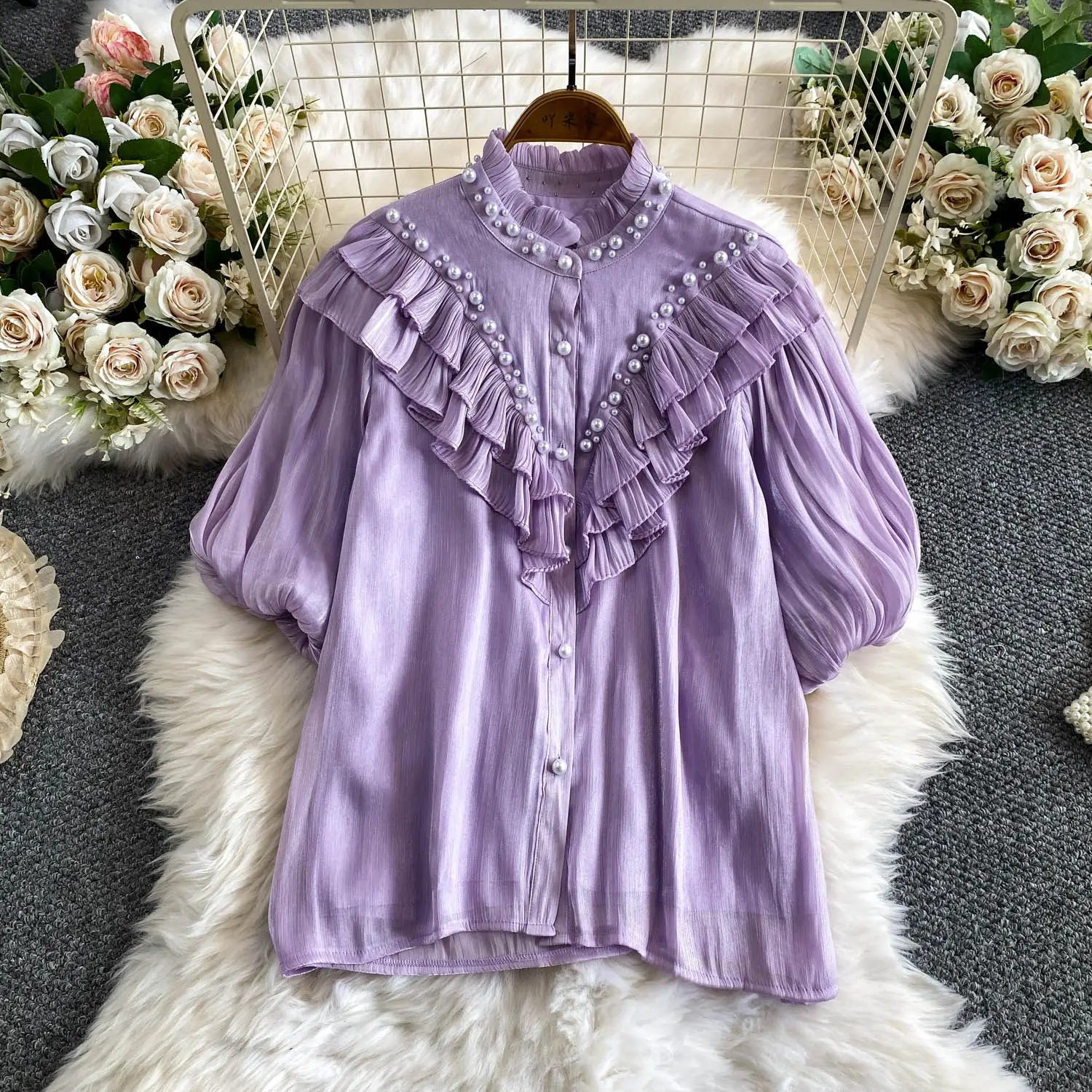 

Luxury Beaded Chiffon Blouse Women stand collar fungus Ruffle Sleeve Top Pearl Beading Elegant Party Shirt Female Blusa BL461