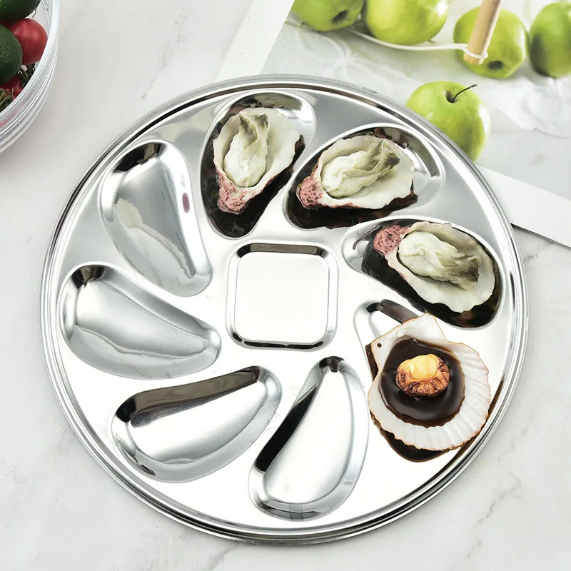 8 Slots Large Oyster Multifunction Plate Stainless Platter French Oyster Mussel Shellfish Seafood Tray Home Restaurant Dish