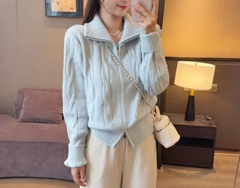 เสื้อคาร์ดิแกนไหมพรมคอสูงแบบซิปคู่สำหรับผู้หญิง ฤดูใบไม้ร่วงและฤดูหนาว