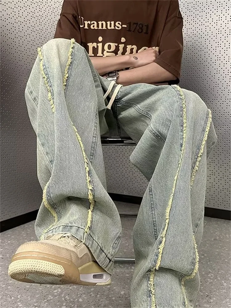 

Heavy Duty Men's High Street Loose American Retro Washed Frayed Jeans Wide Leg Vibe Style Casual Loose Straight Tube Trousers