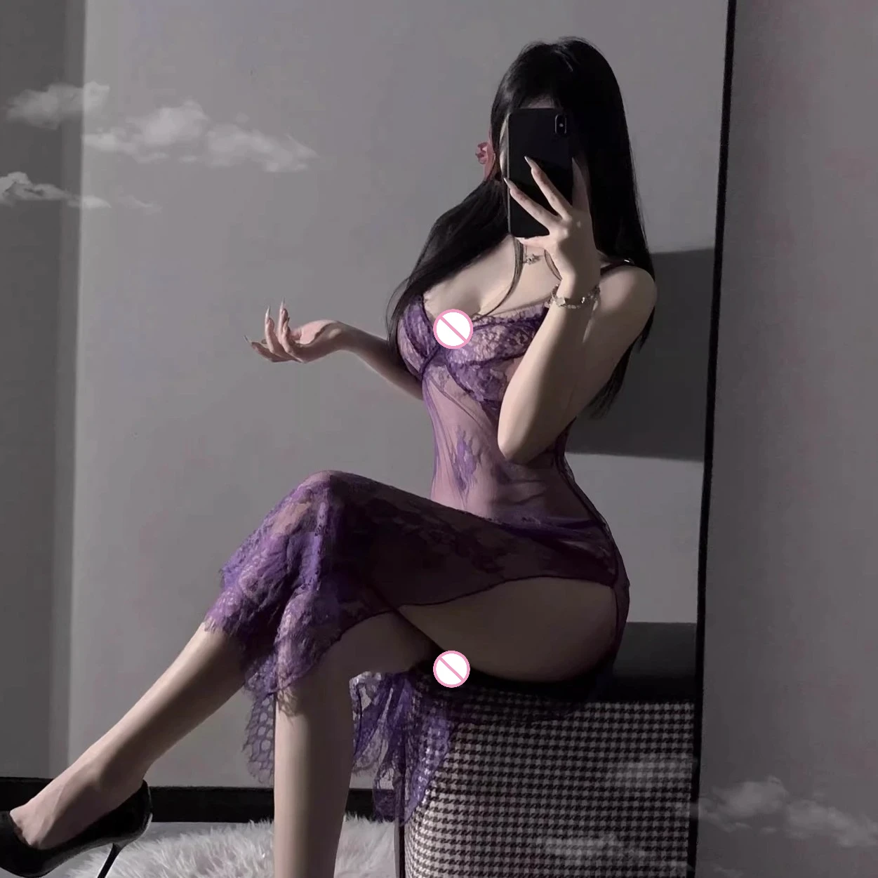 Purple Sexy Women Sheer Lace Slip Lingerie Set High Split Long Dress Cosplay Uniform Sleepwear Suitable for Small Bust Ladies view 3