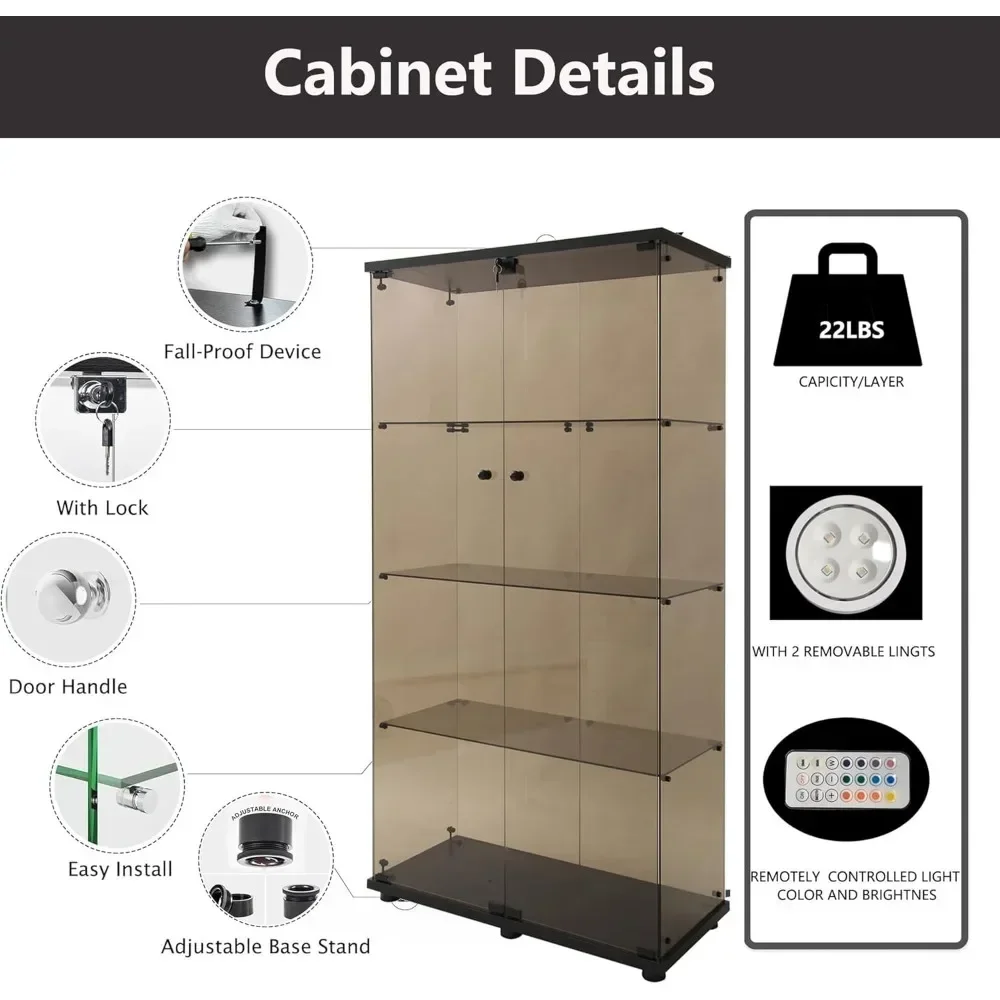 XMSJ Glass Display Cabinet with Lights and Lock, Display Case  Cabinet with Glass Door, Floor Standing Showcase,Glass Display