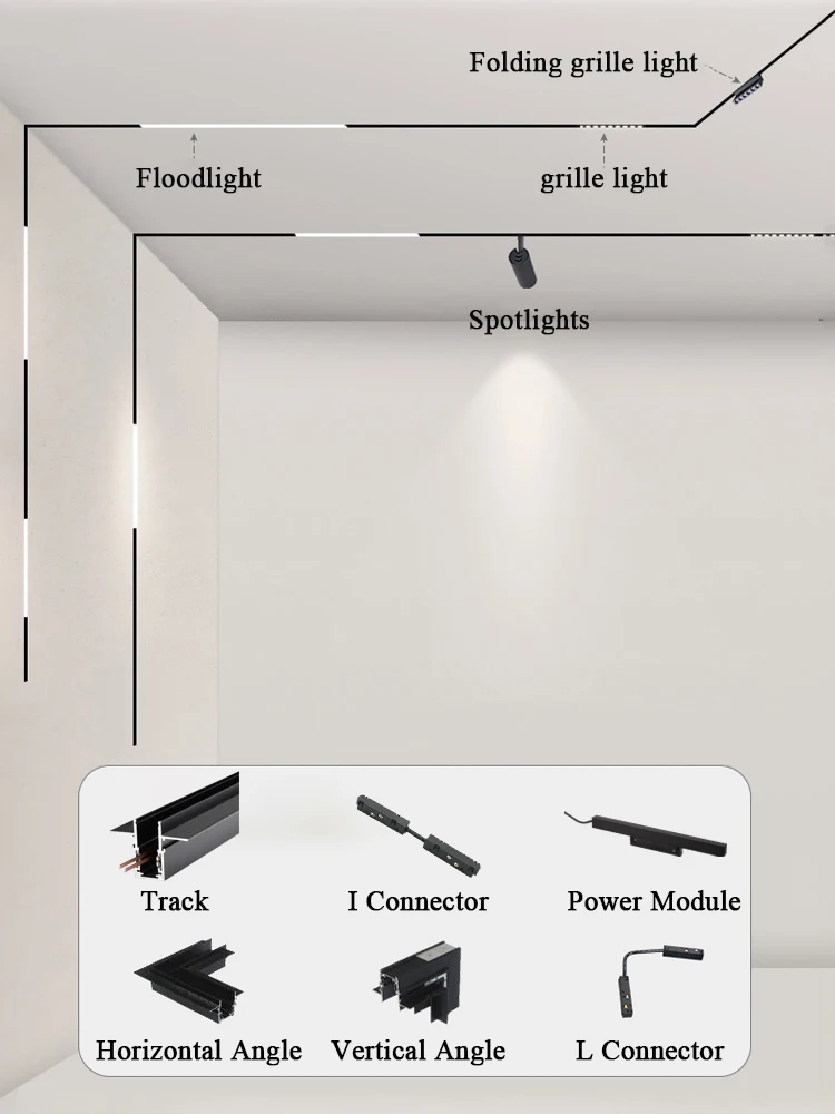 15mm Width LED Magnetic Track Light Grille Flood Lamp Modern Embedded Flexible Linear Fixture LED Spotlight DC48V Ceiling Indoor