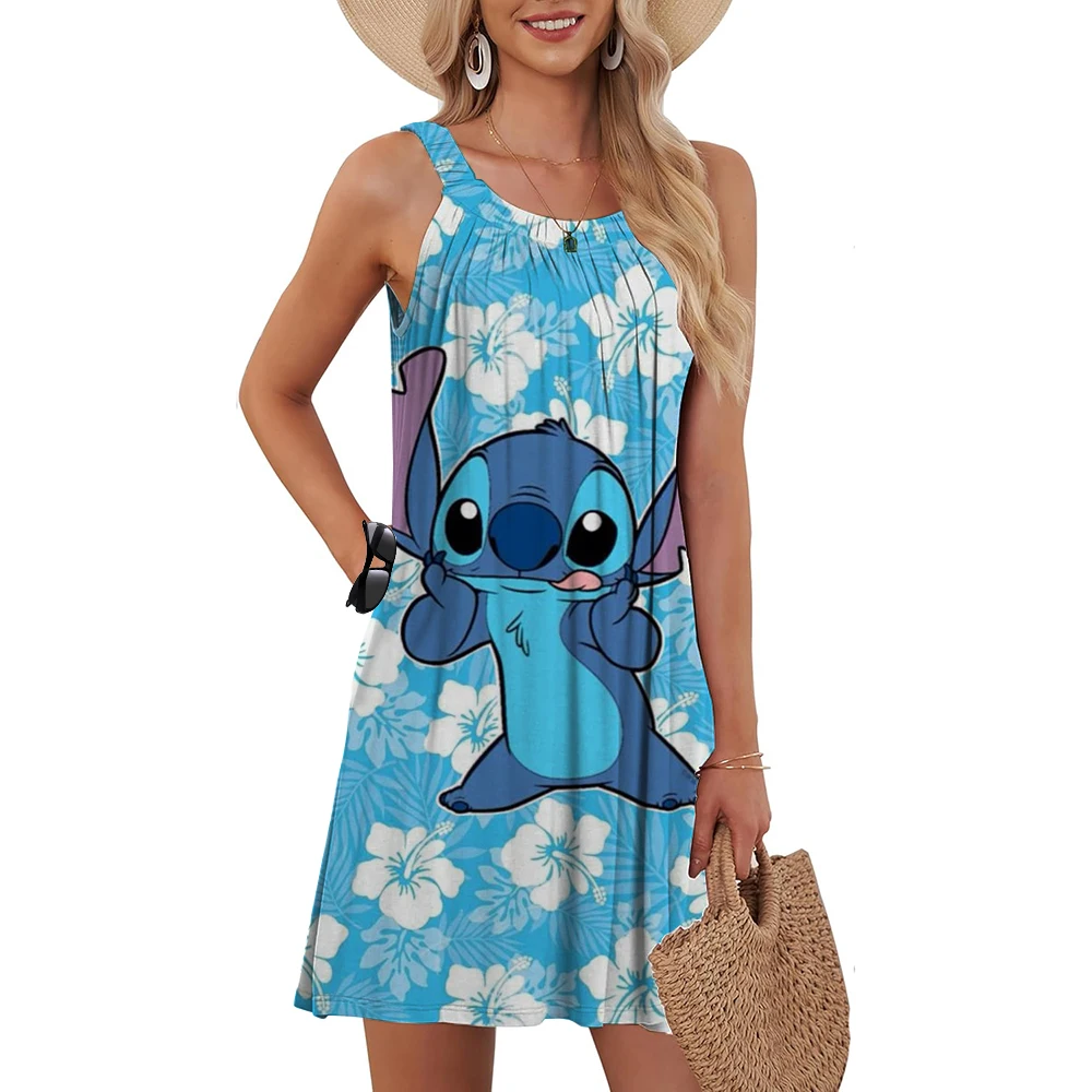 

2025 Summer Women Beach Dress Disney Lilo Stitch Swimsuit Female Beach Cover-Ups Wrap Towel Open Back Sling Mini Beach Dress