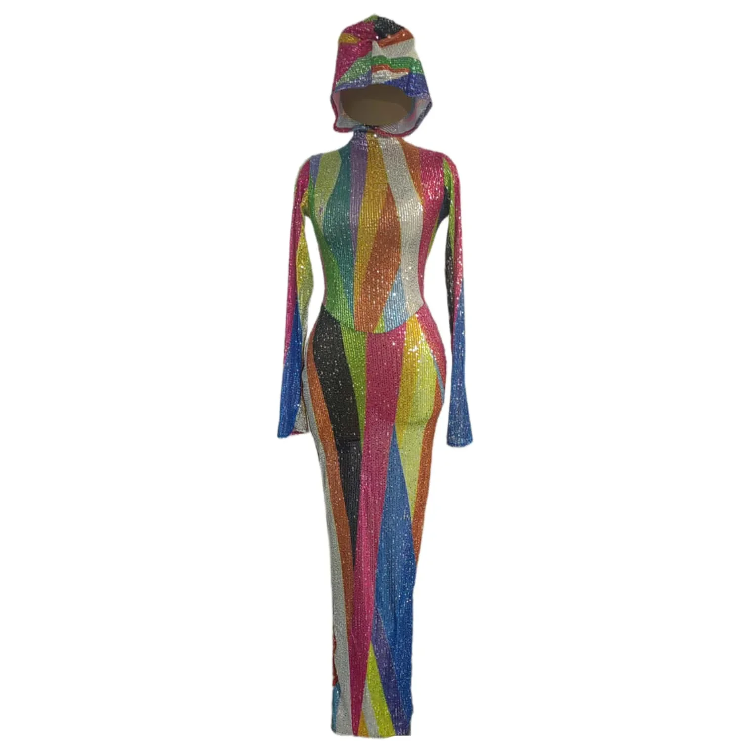 Colorful Glitter Mysterious Robe Carnival Party Halloween Role Playing Club Sexy Costume Long Sleeved Cloak Long Dress