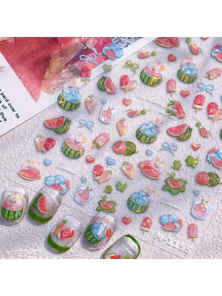 Adorable pastèque crème glacée Kawaii été 5D Nail Art autocollants mignon nœuds papillon froid glaçons gelée douce manucure décalcomanie bricolage