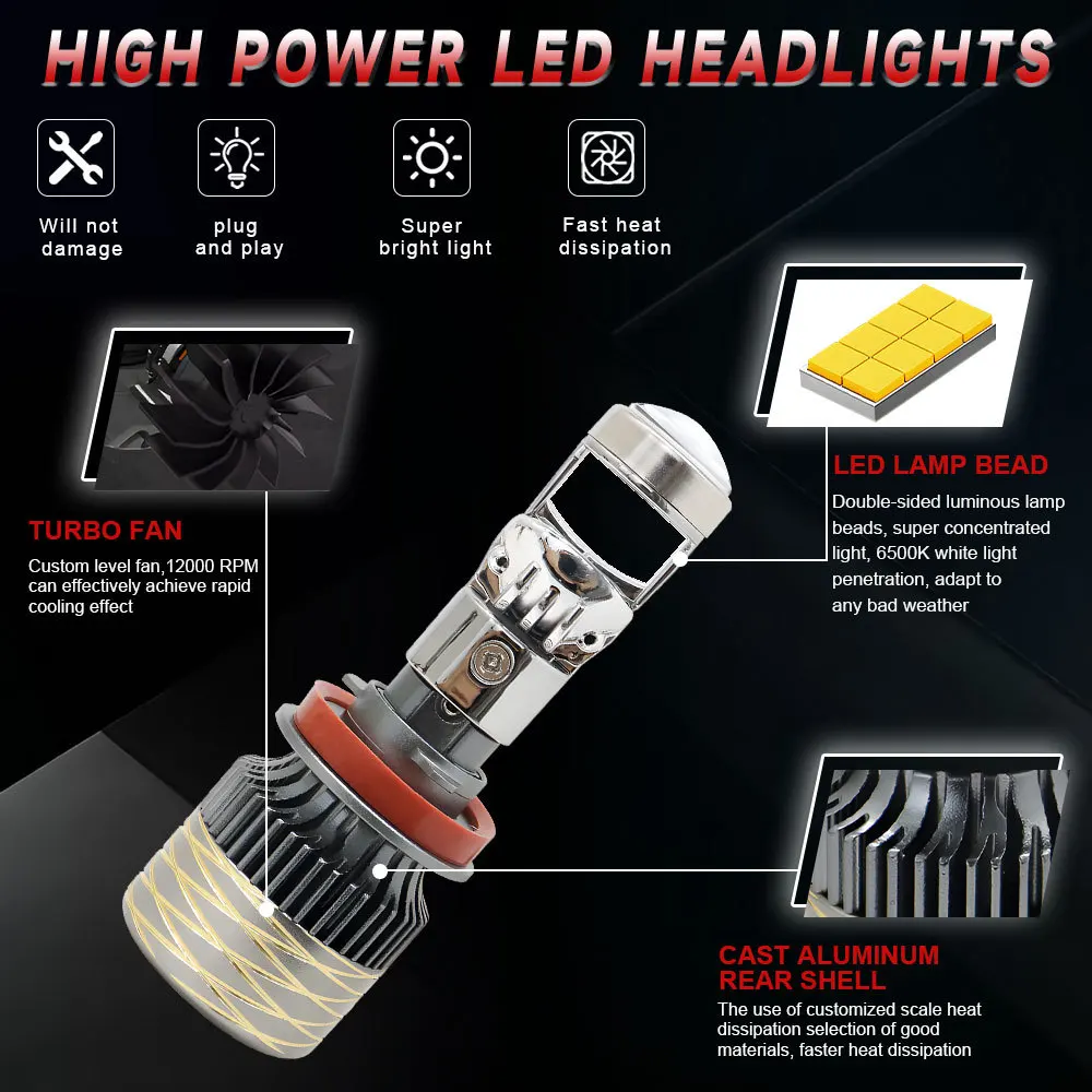 ZTZPIE 6500K Lens LED Car Headlight Bulbs Canbus HB3 HB4 9005 9006 H1 H7 H4 H11 1000W 1000000LM High Brightness Auto Fog Lamp