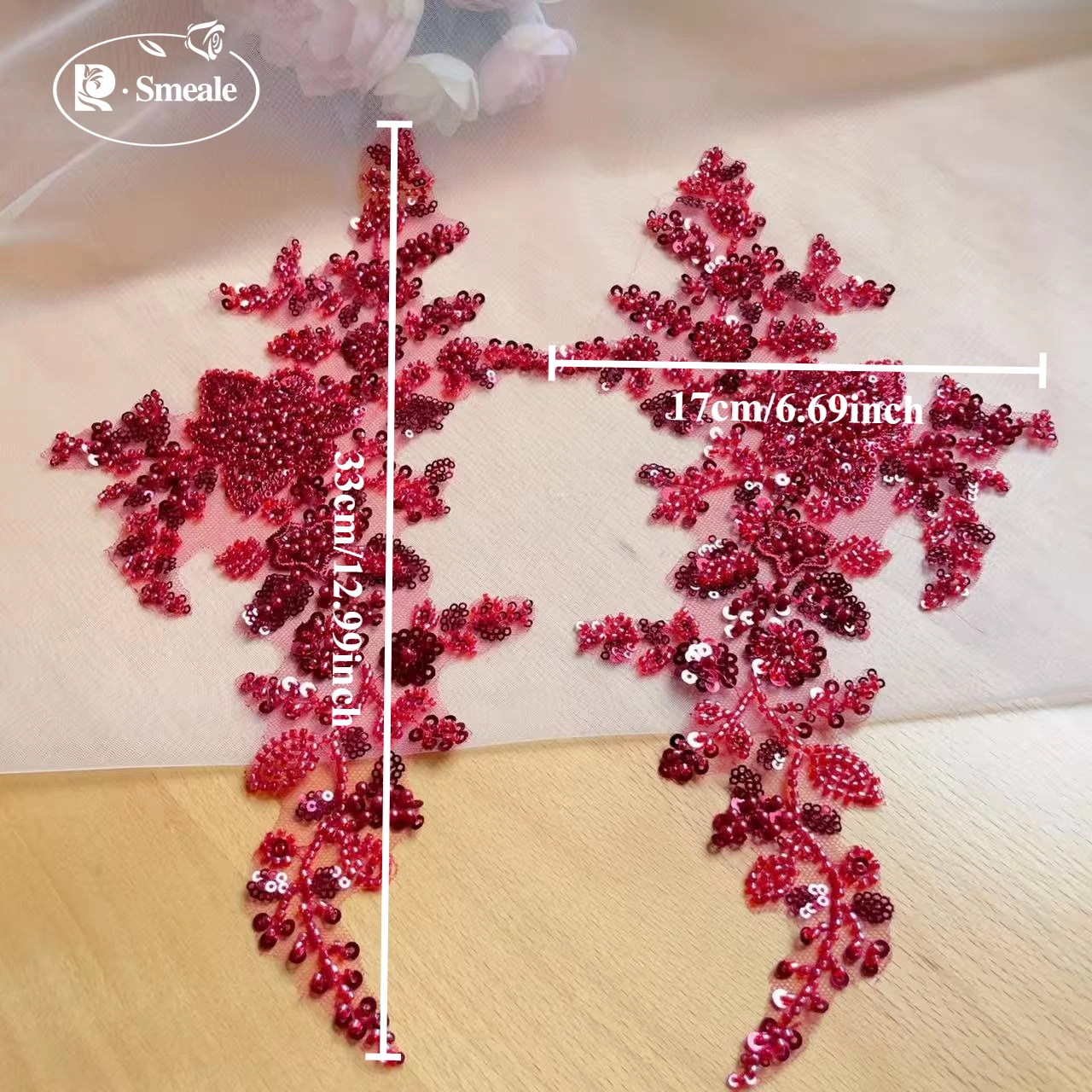 17*33CM, 10-farbige Perlen-Pailletten-3D-Blumenspiegel-Applikation. Abendkleid aus Spitzenstoff. Produktionsmaterial für Aufnäher, Dekoration, Kleidung – Detail 2