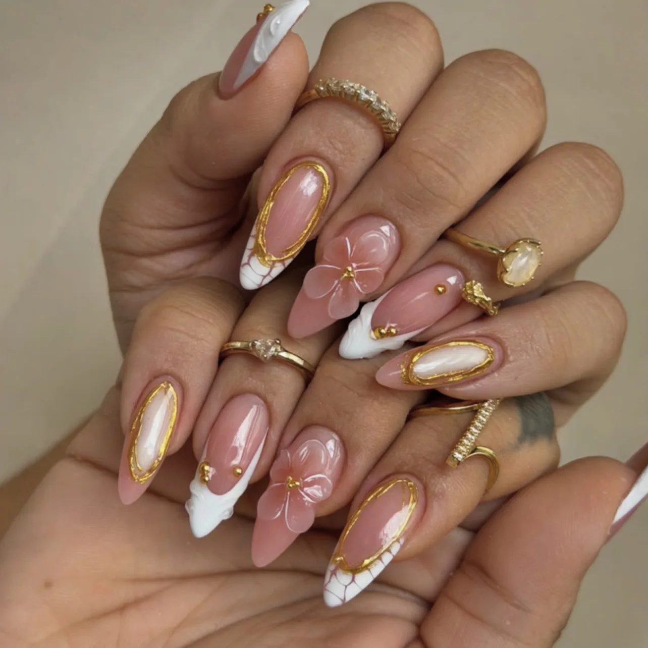 

24PCS Almond Press on Nails Pink Nude Base 3D Flower Gold Line Pearl Decor Elegant French Tip Style Glossy Reusable False Nails