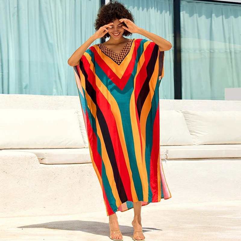 Tie Dye Summer Dress Women Oversized Kaftan Flowy Striped Print Caftan Seaside Beach Cover Ups Colorful Vivid Party Boho Robe