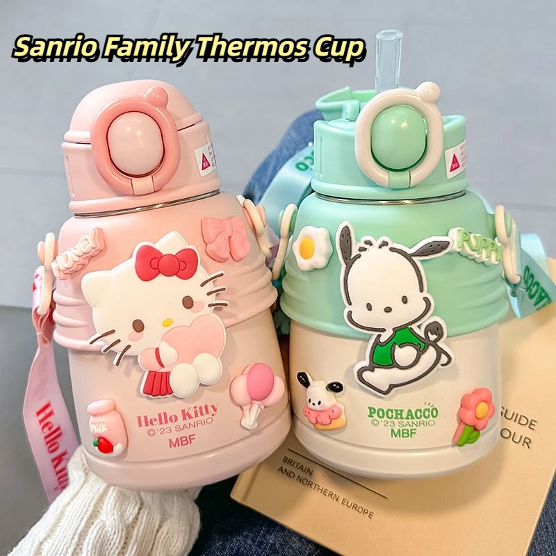 Sanrio Cinnamoroll Hello Kitty Thermos ขวดน้ํา Kawaii อะนิเมะเด็กนักเรียนขวดน้ําสูญญากาศแบบพกพาถ้วยน้ําความร้อน