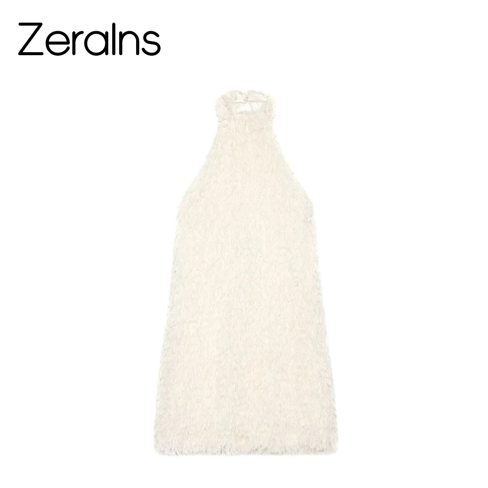 

ZERAINS 2026 Summer New Product Women's Fashion Slim Fit Hanging Neck Collar Bareback Tassel Knitted Short Dress