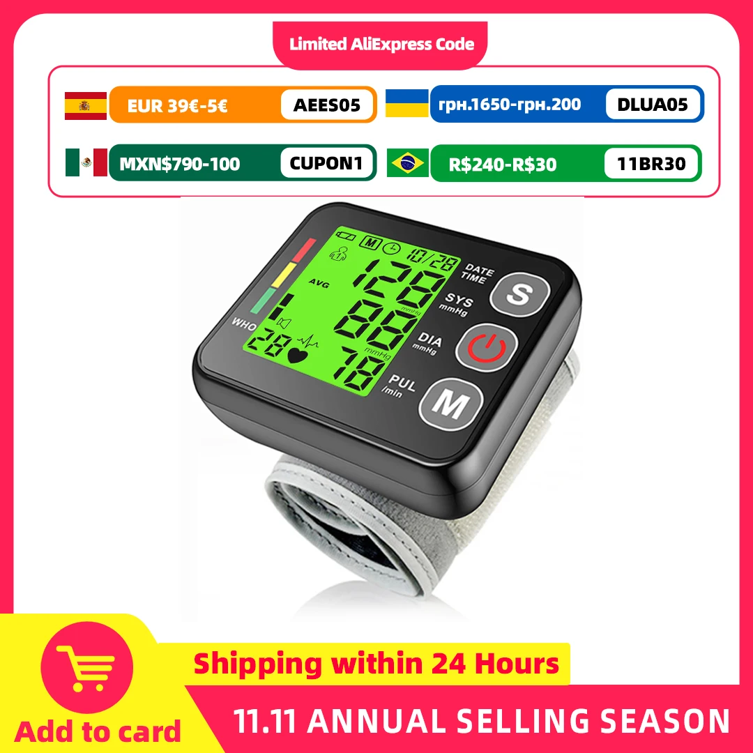 Backlit LCD Wrist Blood Pressure Monitor 3Colors Digital Sphygmomanometer Heart Rate Arrhythmia Pulse BP Monitor