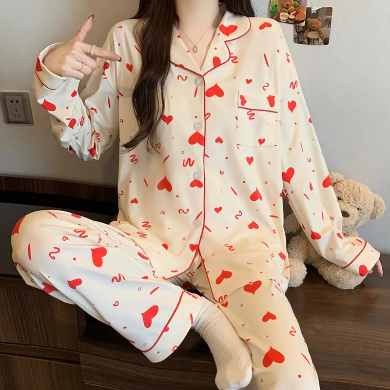 

Новинки: Женские пижамы больших размеров, коллекция весна-осень, комплект с длинным рукавом и брюками, свободный крой, повседневный домашний костюм