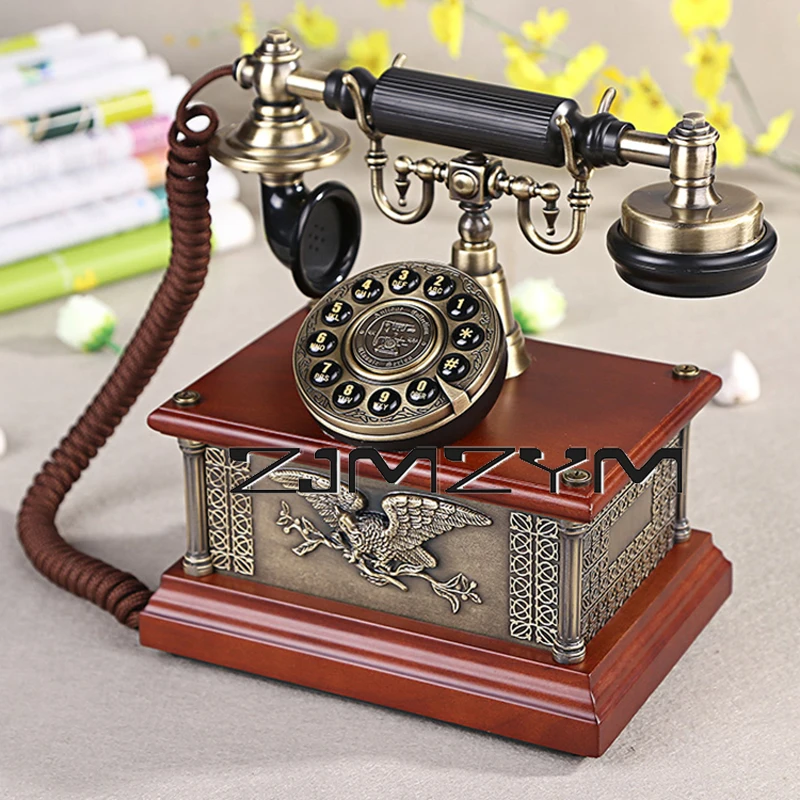 Solid Wood Vintage Telephone Household Antique Fashioned Redial Function Push Button Dial Corded Phone