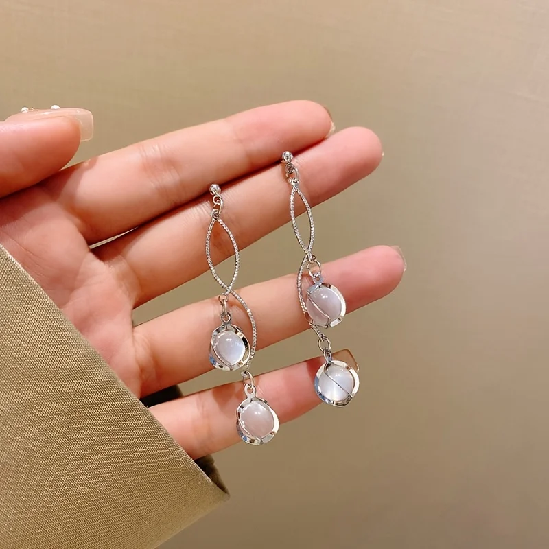 Accessories for Women Long Copper Drop Earrings Round Cut Synthetic Gems Bridal Wedding Jewelry Decor Elegant Ear Jewelry Gift