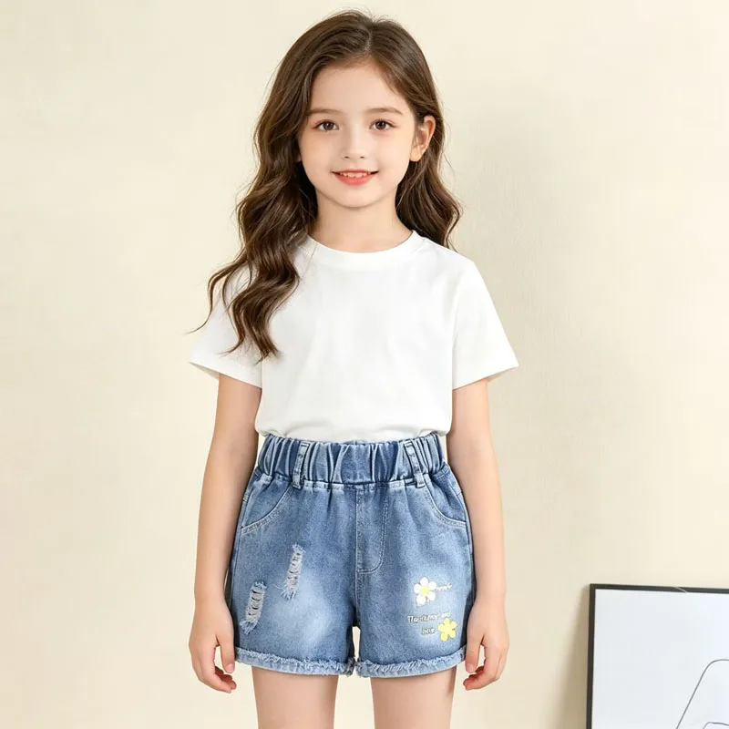 Kindershorts 2026 Sommer Neu Mädchen Koreanisch Bedruckte Gewaschene Zerrissene Weiche Denim-Shorts für 3-10 Jahre Alte – Detail 3