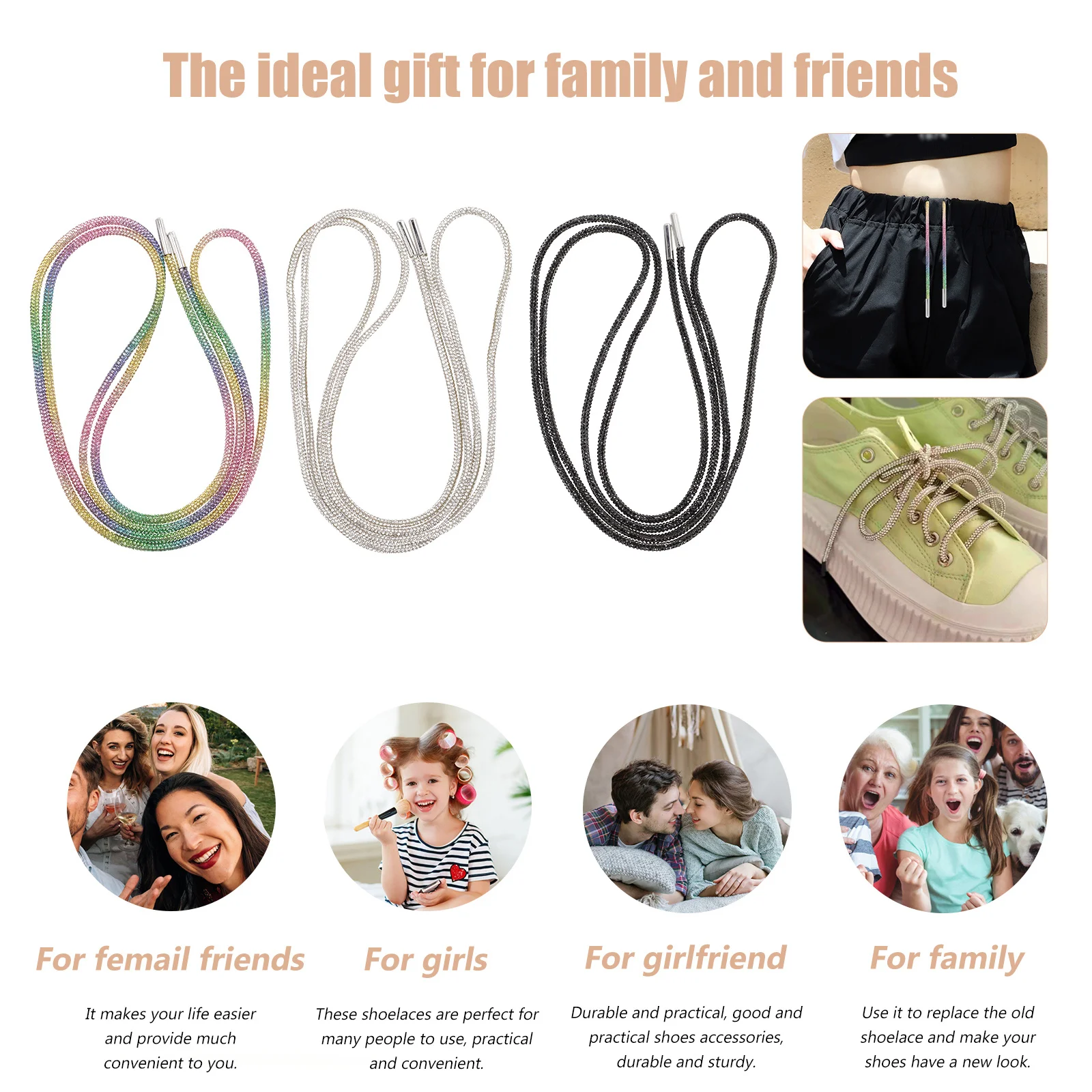 3Pcs Rhinestone Shoe Laces Glitter Rope Laces for Sneakers Boots Running Shoes Colorful Sparkly Shoelaces for Women