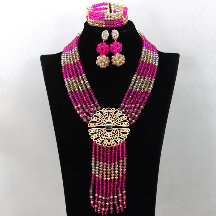 Hot Necklace Fashion Nigerian Beaded Necklaces Sets Red Crystal Beads Wedding Necklace Bridal Jewelry Sets  ABK160