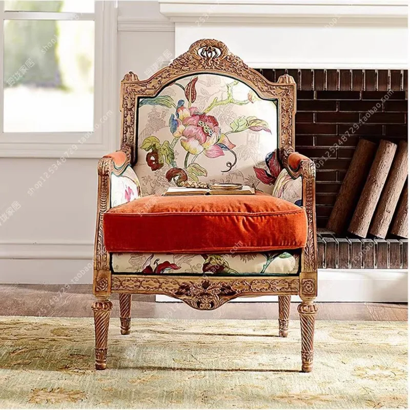 

Carved single sofa chair French living room study bedroom leisure chair