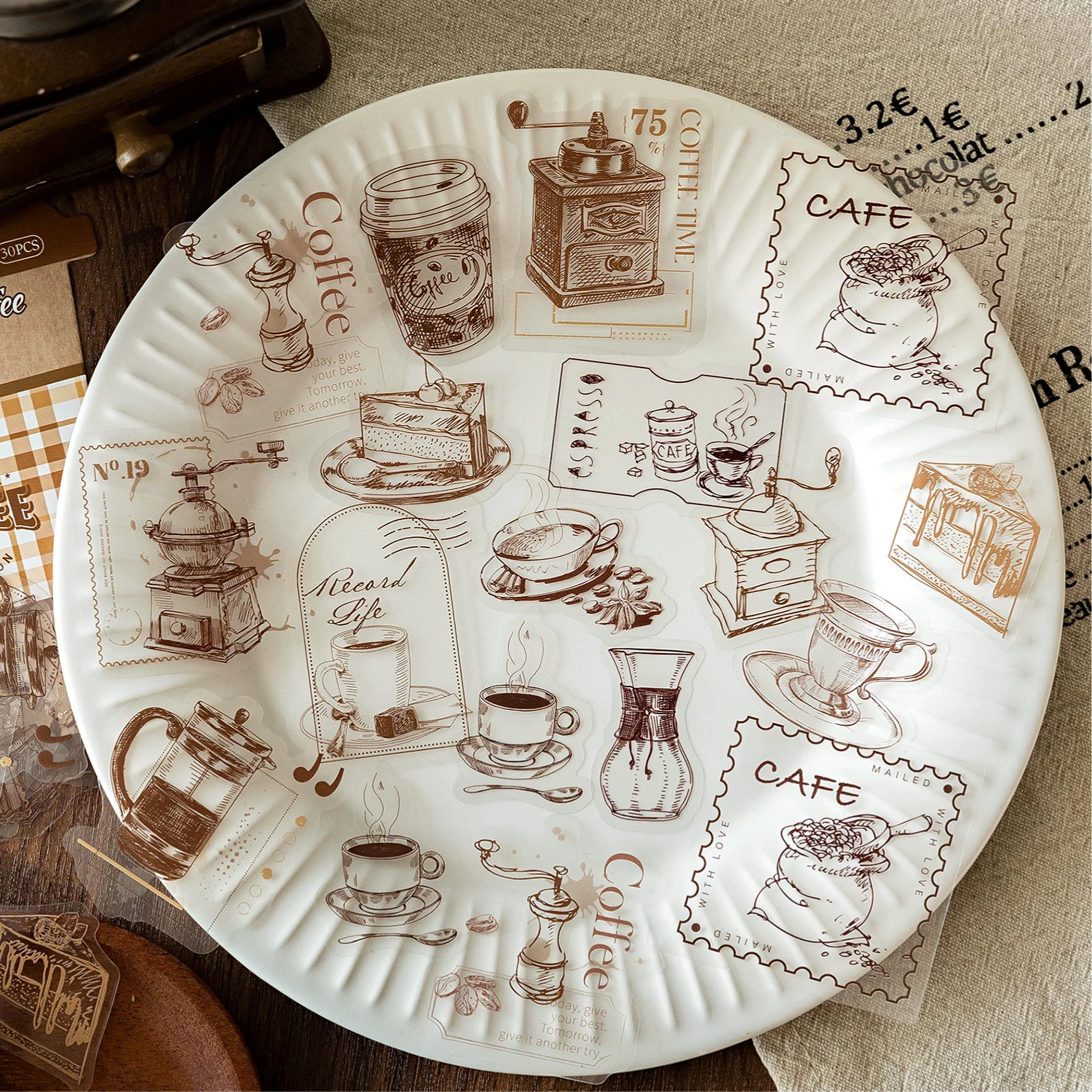 

6 наборов по 30 ретро-наклеек с кофейной тематикой из ПЭТ-материала для поделок, скрапбукинга, украшения дневников и альбомов