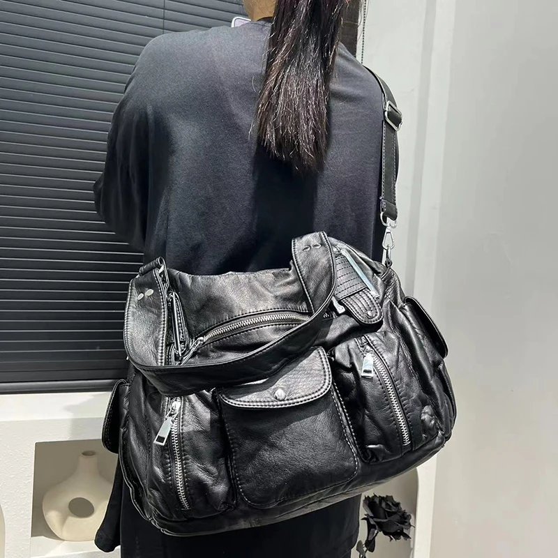 Bolsa tote coreana com vários bolsos, bolsa de ombro crossbody feminina estilo motociclista y2k, bolsa japonesa lavada de baddie, preta