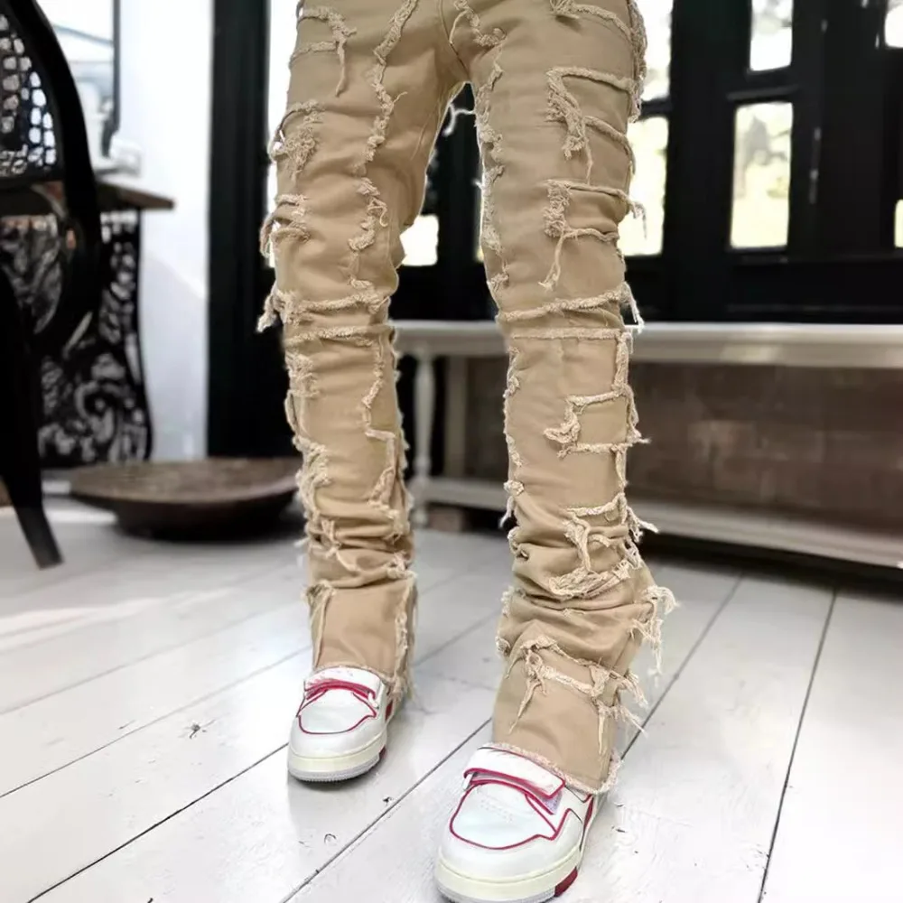Punk Street Style Ripped Skinny Jeans Men Vintage Wash Solid Denim Trouser Mens Casual Slim Fit Pencil Denim Holes Pants 2024