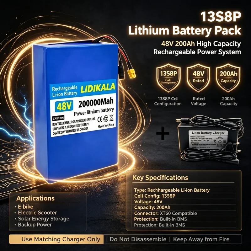 Neuer 48V 200Ah Lithium-Akku mit großer Kapazität, 13S8P, für Elektroroller, 2000W, mit verschiedenen Steckoptionen, passendes Ladegerät