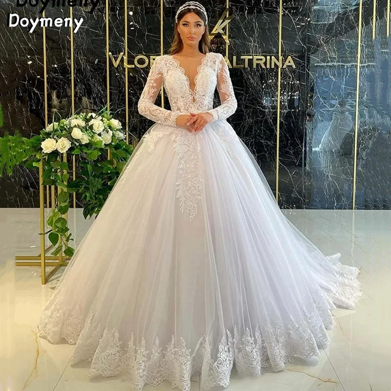 

Doymeny Appliques Wedding Dresses Long Sleeves V-neck Tulle Sweep Train Bridal Gown Vestido De Novia Custom Made