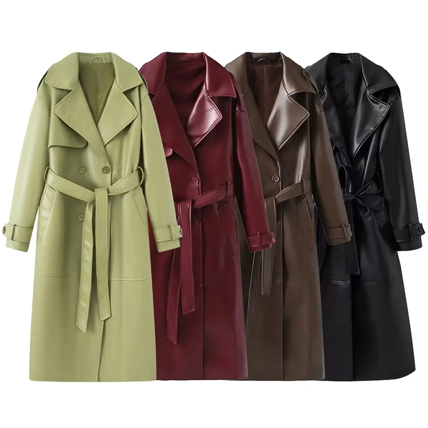 New Fashion Women's Solid Color Lapel Collar Double-breasted Long Sleeve Long Trench Coat Ladies Belt Split Trench Outwear