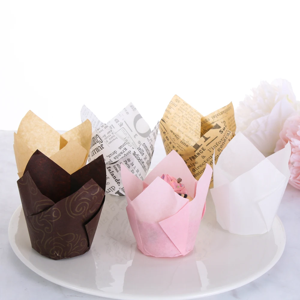 50pcs Newspaper Style Cupcake Muffin Liner Baking Oil Proof Cup Wedding Party Cassettes Tulip Muffin Cupcake Paper Cup Wrapper