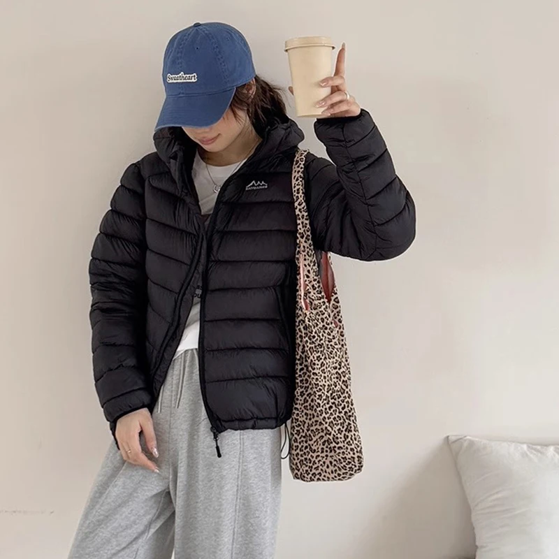 Lightweight Down Cotton Jackets Women Autumn Winter Warm Long Sleeve Hooded Parkas Woman Solid Zipper Up Short Cotton Parkas