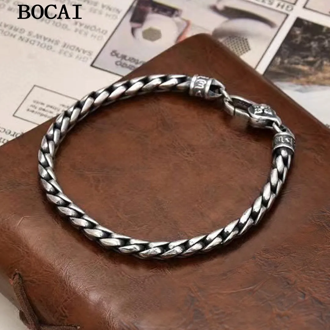 

BOCAI New 5MM S925 Sterling Silver Personalized Domineering Punk Diamond PestleS Snake Bone Chain Men's Gift