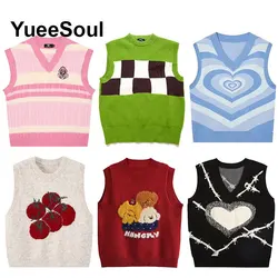 Japan Style Cute Women Sweater Vest Printed Sleeveless Loose Outerwear Knitted Waistcoat 2026 Vintage Y2K Autumn Pullovers Tops