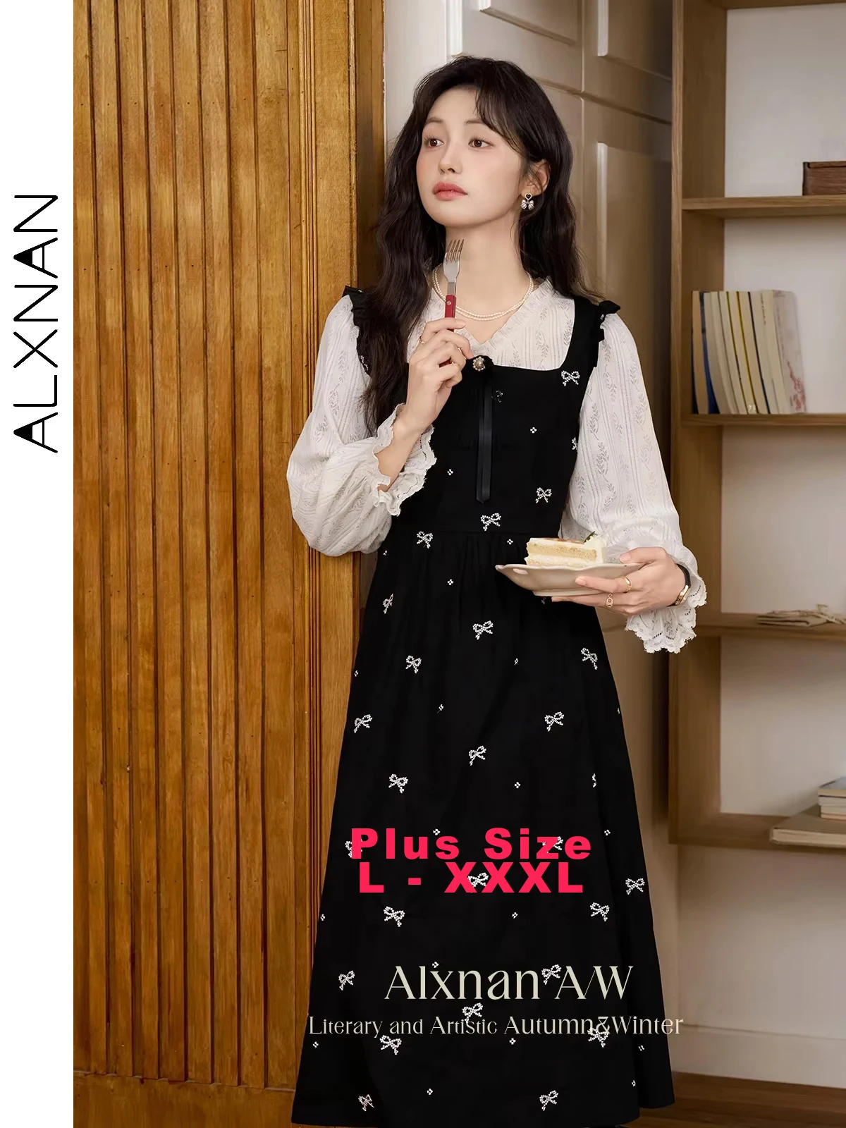 

ALXNAN Plus Size Fake Two-piece Dress Lace Patchwork Ruffles V-neck A-line Bow Embroidery Dresses Autumn Female Clothing D06919