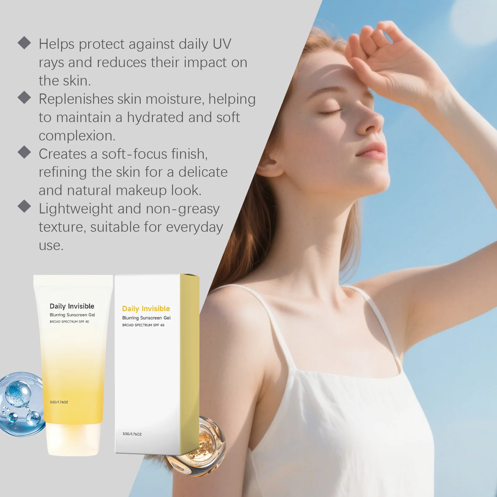 

Daily Invisible Sunscreen Gel Fast Film Forming Lasting Uv Protection Control Oil Refresh Lightweight Non Greasy Skin Sunscreen