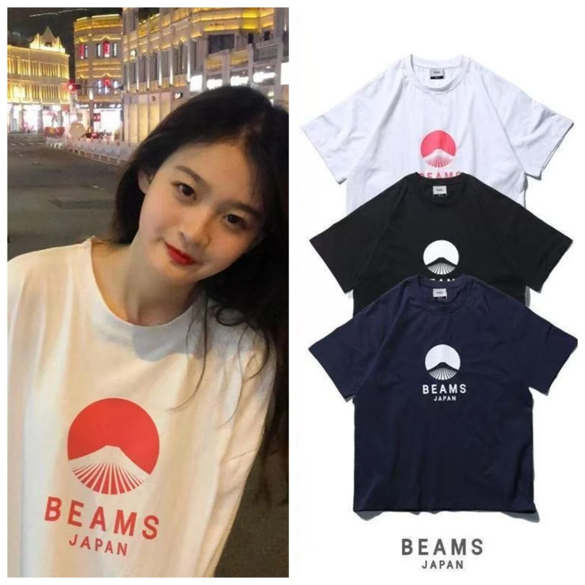 

BEAMS JAPAN 20SS Japanese Designed Fanfuji Mountain Red Rope Men's and Women's Loose Cotton Round Neck Short Sleeved T-shirt