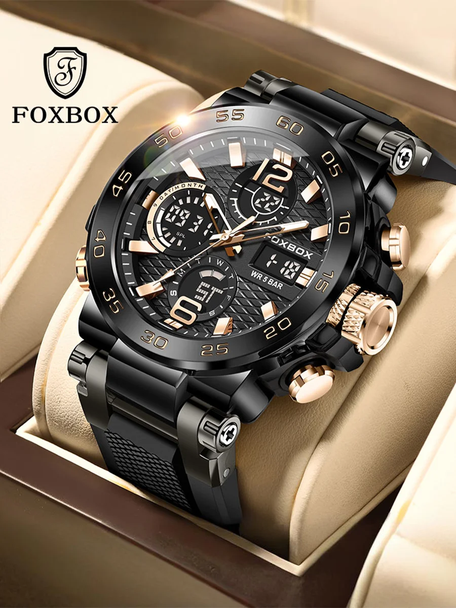 

FOXBOX мужские кварцевые часы высокого качества модные деловые 50 м водонепроницаемые часы для дайвинга золотые часы из нержавеющей стали дата светящиеся