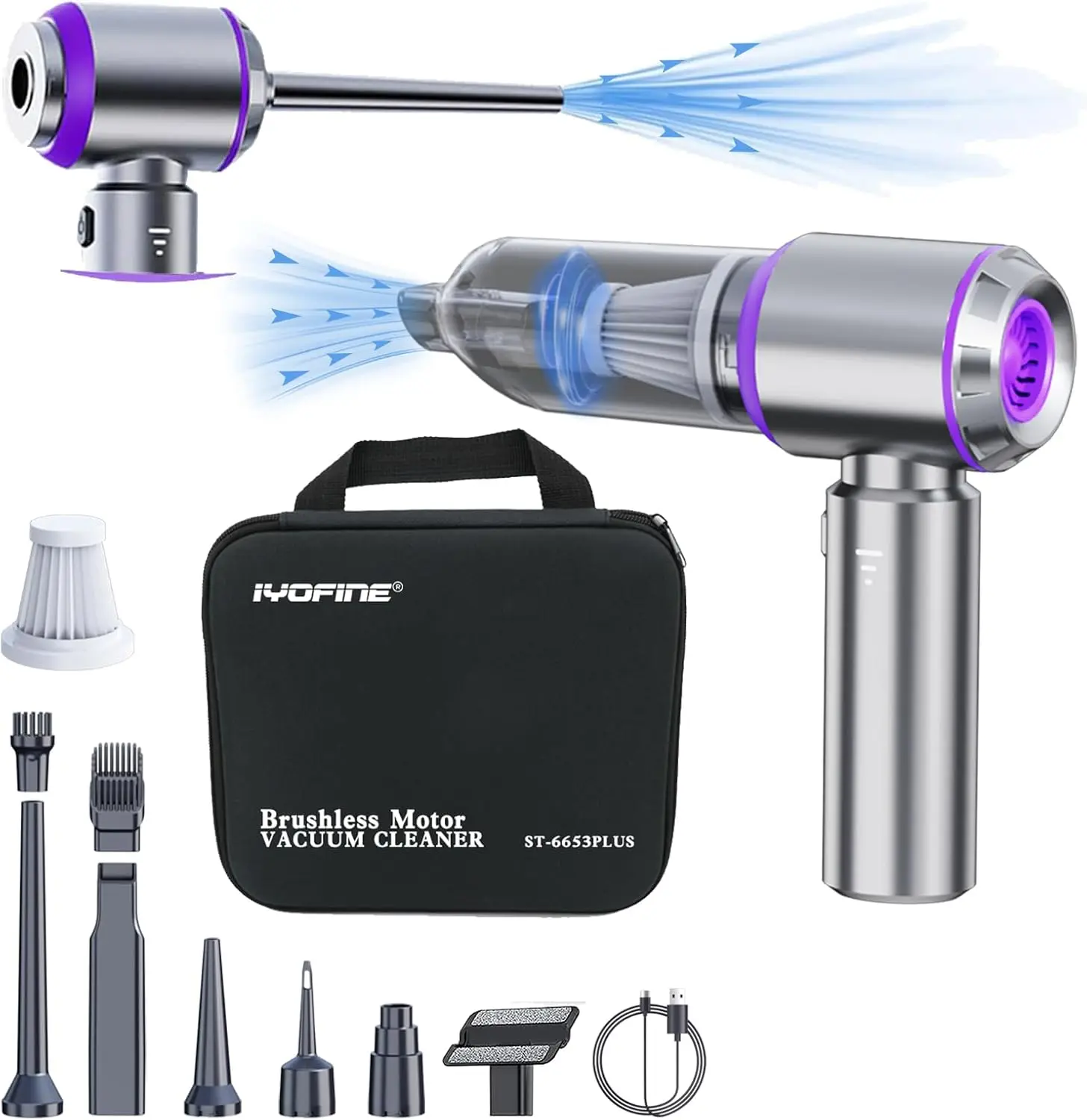 

80,000RPM Super Power Mini Car Vacuum Cleaner 4-in-1 Air Blower Gun Cordless Handheld Dust Blower Purple