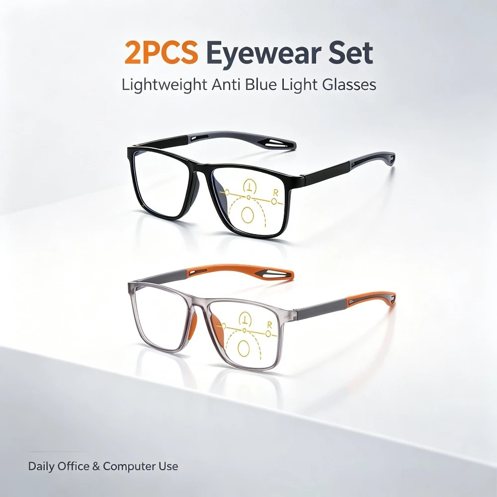 Two Pairs of Men's progressive Multifocal Reading Glasses, Light Sporty Square Blue Light Blocking Glasses, Ideal for Everyday Driving and Office Use, Typical Men's Christmas and Halloween Gifts