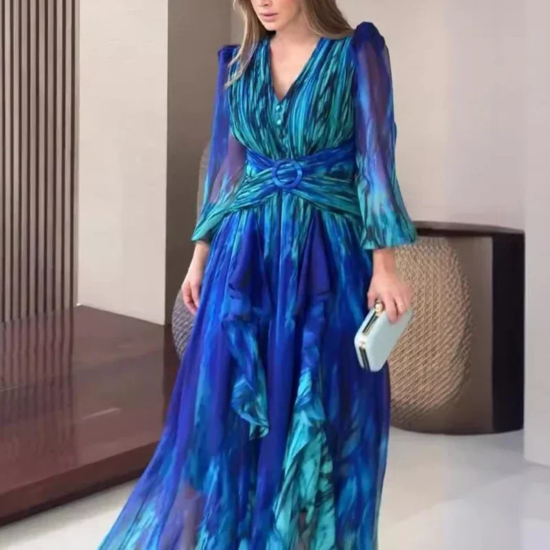 فستان نسائي أنيق متقاطع الخصر للحفلات المسائية أنيق برقبة على شكل حرف V وأكمام طويلة فستان ماكسي شيفون برسومات كلاسيكية فرنسية #3