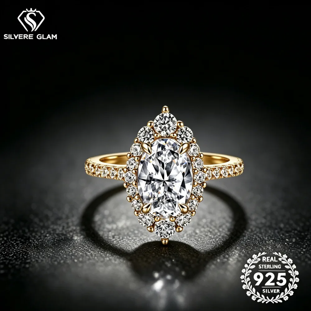 925 Sterling Silver 2CT Oval Double Halo Ring D VVS1 Moissanite Multi Tone Romantic Wedding Fine Jewelry For Women