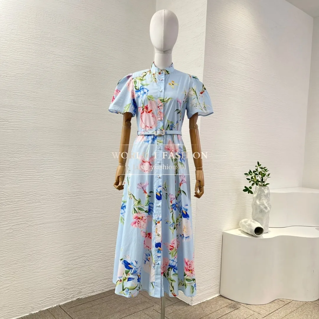 

Good Quality Light Blue Floral Print Pull Short Sleeve Midi Dress