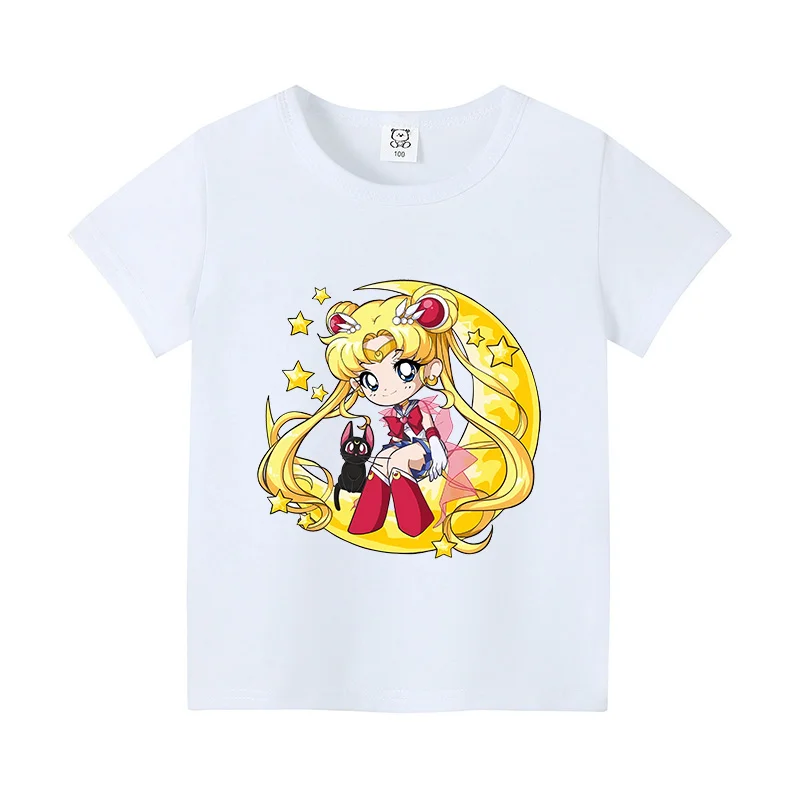 Sailor Moon Children T-shirt Cartoon Printed Short Sleeve Shirt Cute White Black Base Tee Tops Cotton Clothing Kid Birthday Gift