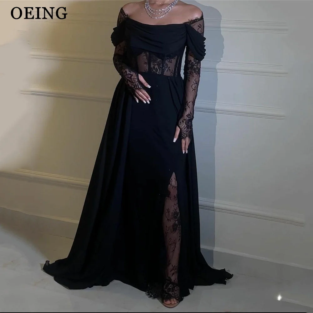 OEING-Robe de Soirée Noire en Dentelle pour Femme, Tenue Élégante, de Princesse, Trapèze, de Bal, de Célébrité, Arabe, Personnalisée