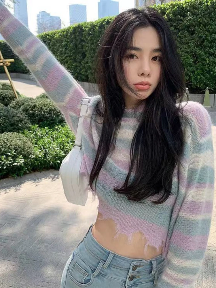 KOSAHIKI 2024 Korean Fashion Loose Thin Knitted Pullover Women Rainbow Striped Cropped Sweater Ripped Y2k Harajuku Streetwear