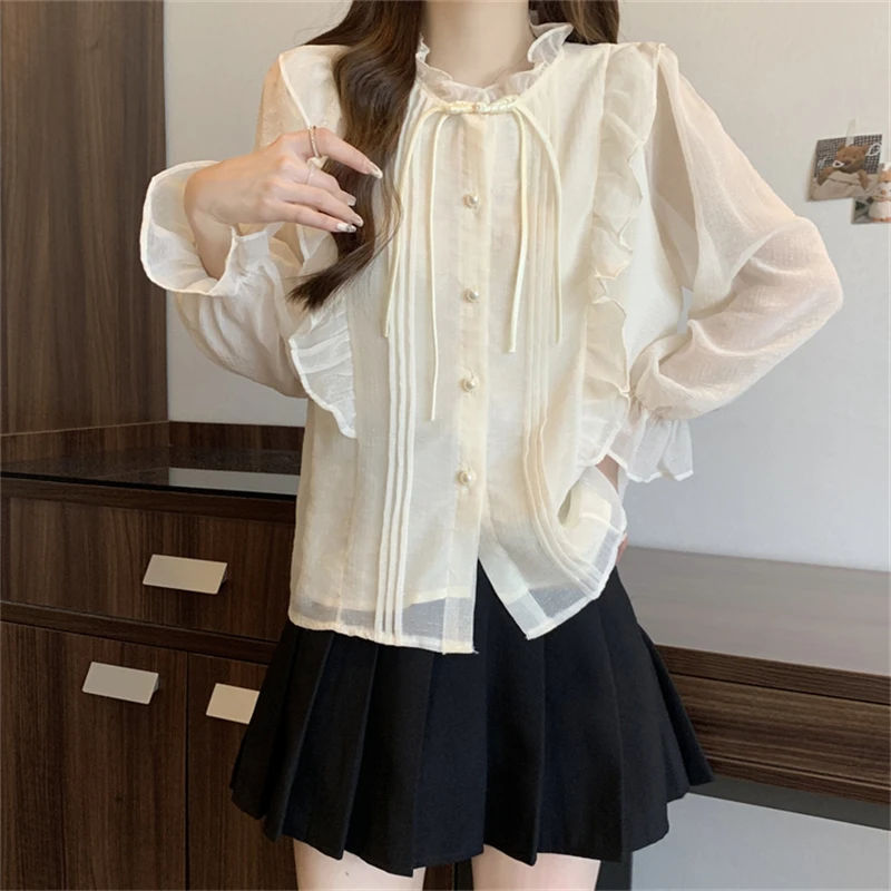 Women\'s Korean Fashion Ruffle Button Up Shirt Fairy Vintage Elegant Long Sleeve Blouse Female Casual Solid Loose Sweet Chic Tops